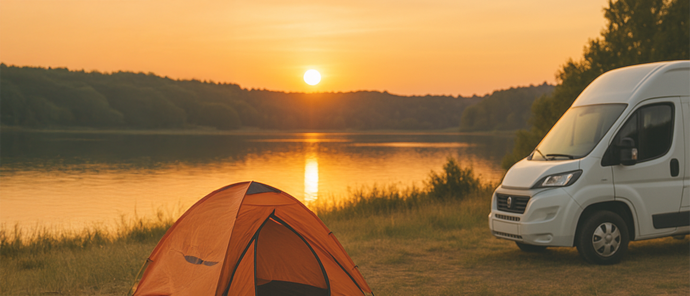 Aquaskip Camping – Van und Zelt am See bei Sonnenuntergang